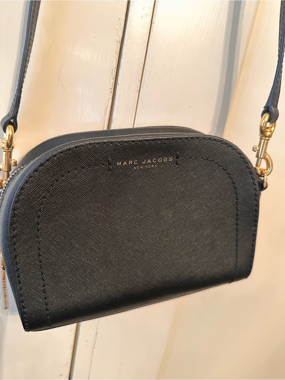 Marc Jacobs Black Saffiano Leather Dome Crossbody with Gold Hardware
